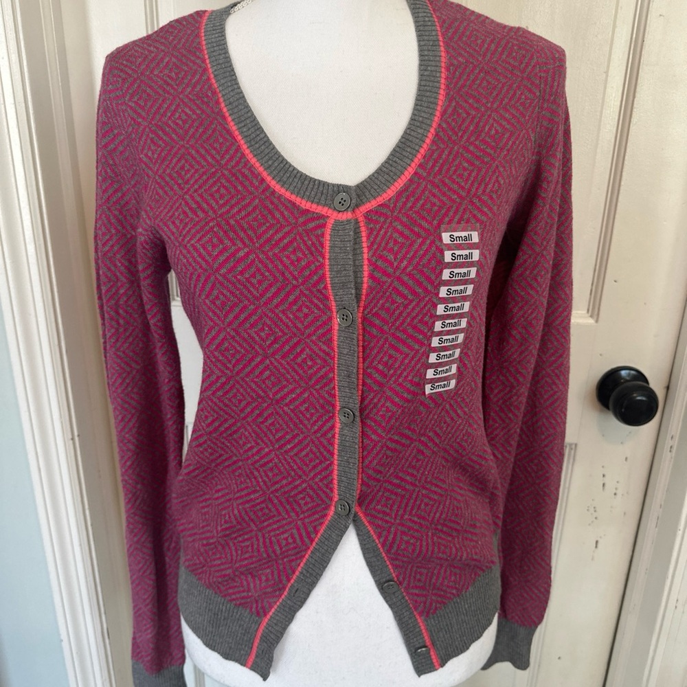 CAbi Geometric Pink and Gray Button-Up Cardigan